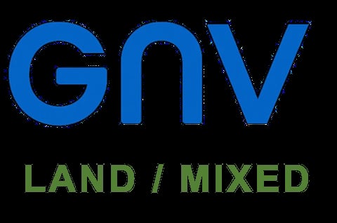 GNV Land / Mixed logo with blue uppercase letters and green text on black background