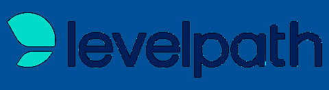 Levelpath logo with cyan leaf icon and dark blue text on blue background