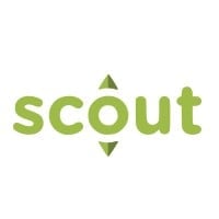 Scout logo with green text and geometric diamond shapes above and below the word