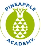 Pineapple Academy logo with green pineapple icon and circular blue text design